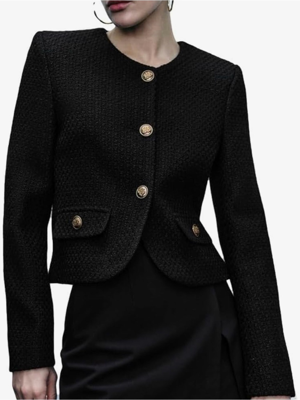 Urban Revivo Black Bouclé Tweed Cropped Jacket Gold Crest Buttons Size XXL SZ 12